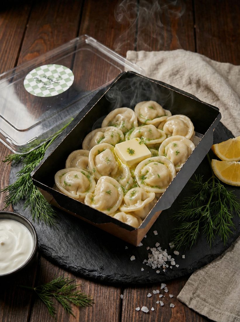 Пельмени домашние с маслом и зеленью